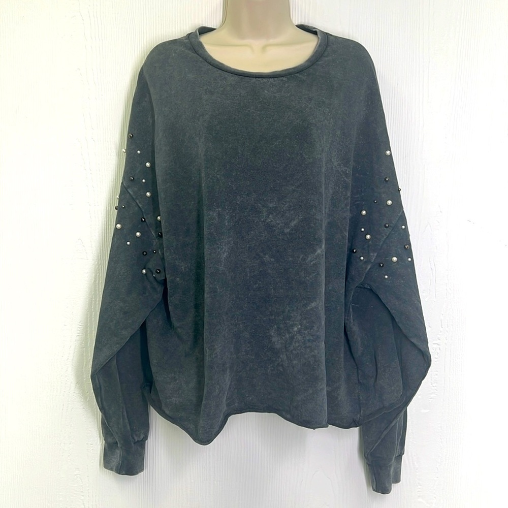Zara - Stonewashed Grey With Colorful Pearls Long Sleeve Oversized Top Size M